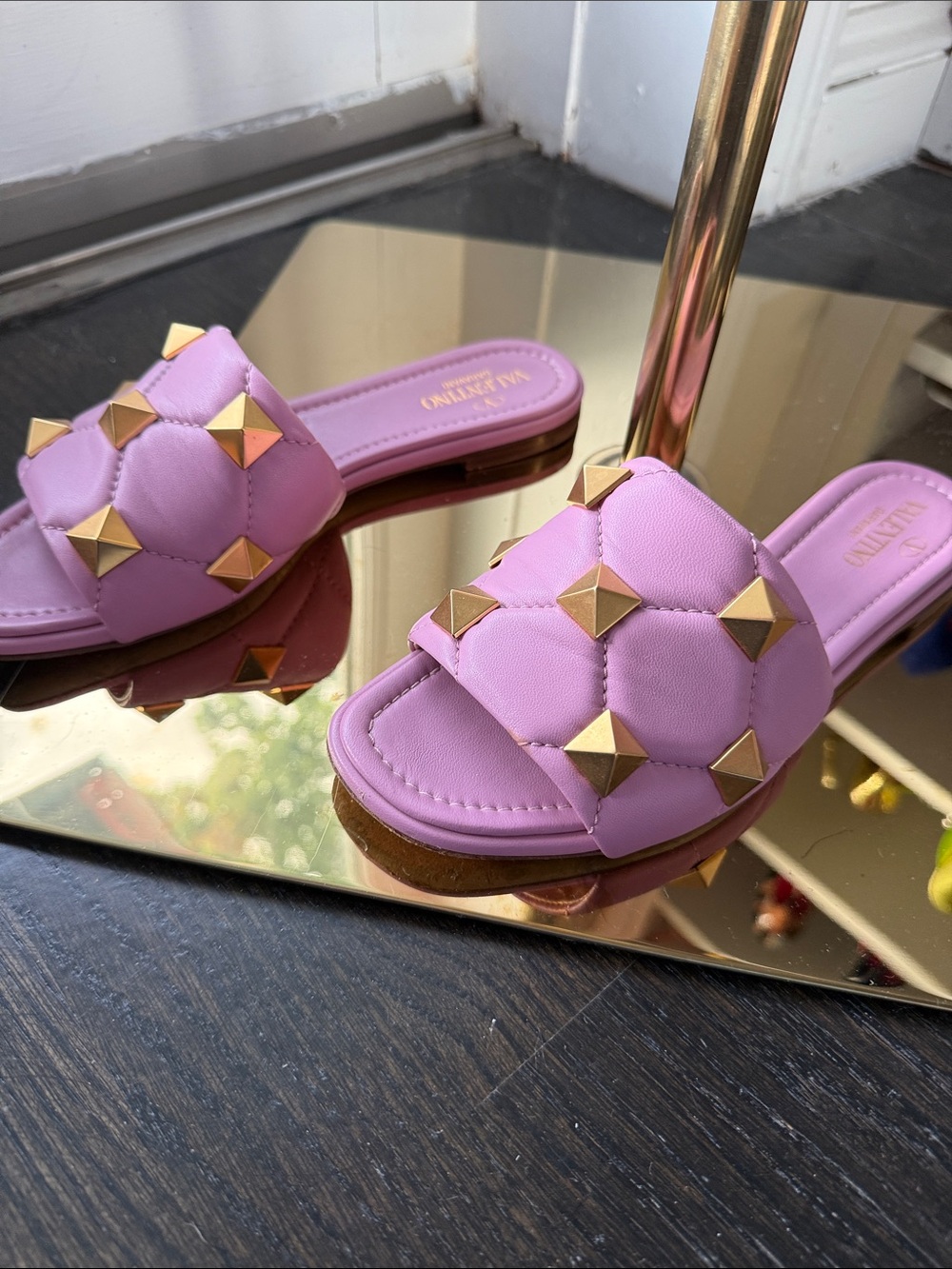 Valentino Lavender Quilted Rockstud Slide Sandal with Gold Studs - Picture 3 of 9